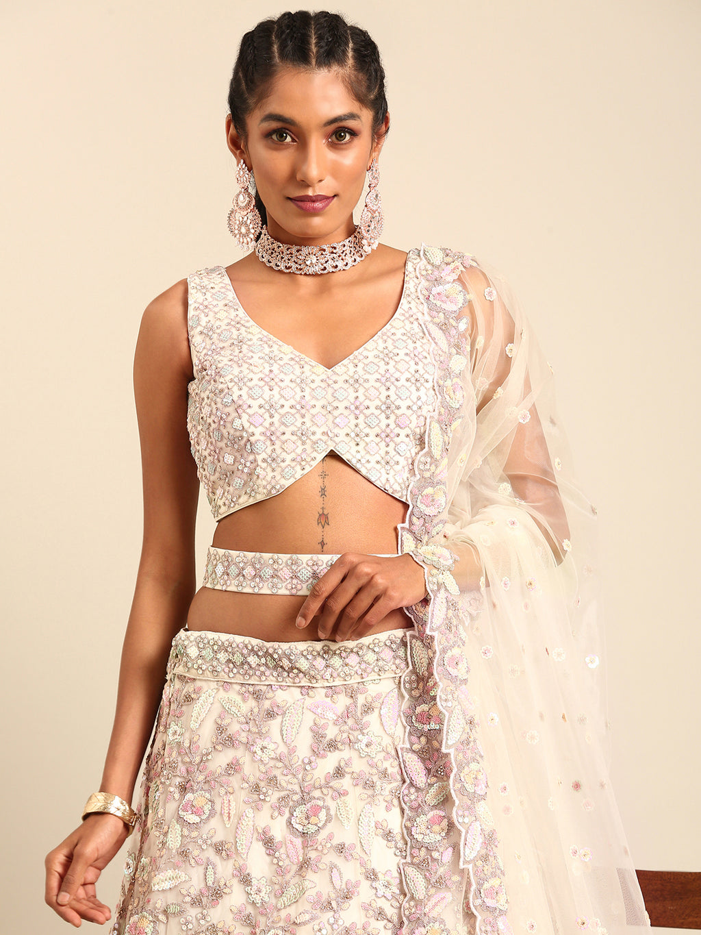 Cream Net Multi Sequins with heavy Zarkan embroidery Semi-Stitched Lehenga choli & Dupatta Clothsvilla