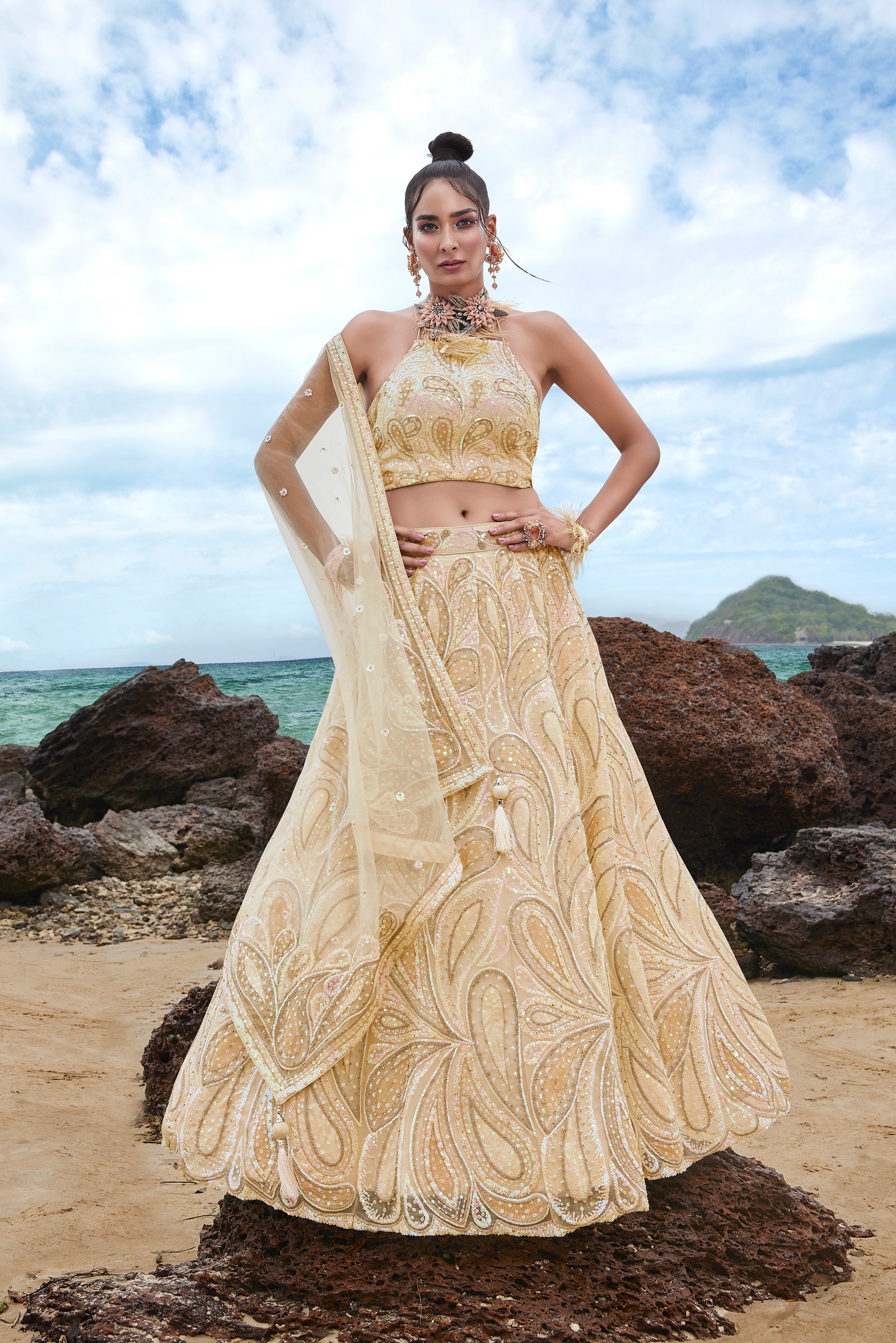 Cream Net Multi Sequins with heavy Zarkan embroidery Semi-Stitched Lehenga choli & Dupatta ClothsVilla
