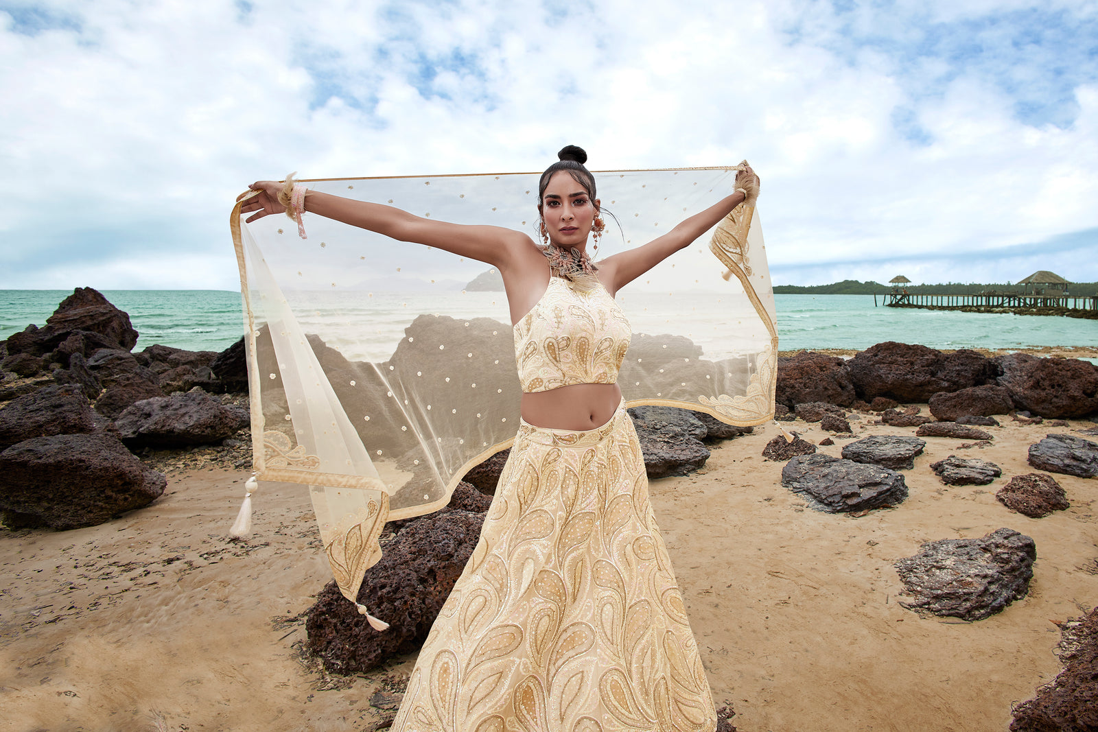 Cream Net Multi Sequins with heavy Zarkan embroidery Semi-Stitched Lehenga choli & Dupatta ClothsVilla