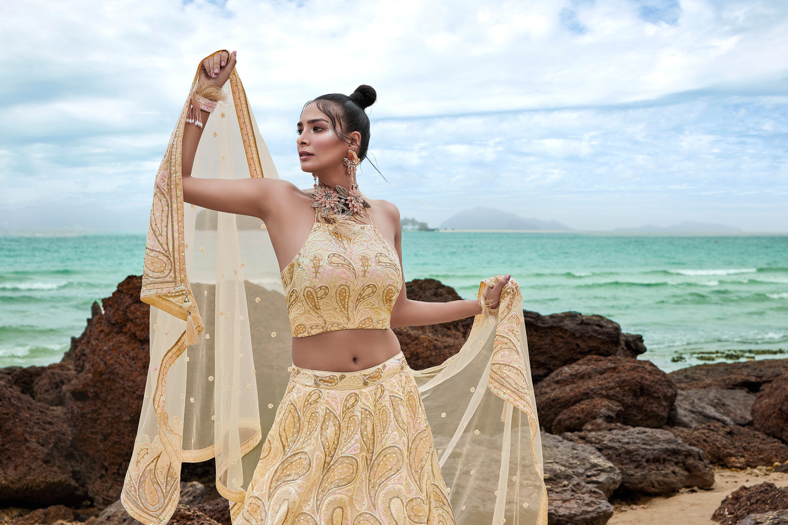 Cream Net Multi Sequins with heavy Zarkan embroidery Semi-Stitched Lehenga choli & Dupatta ClothsVilla