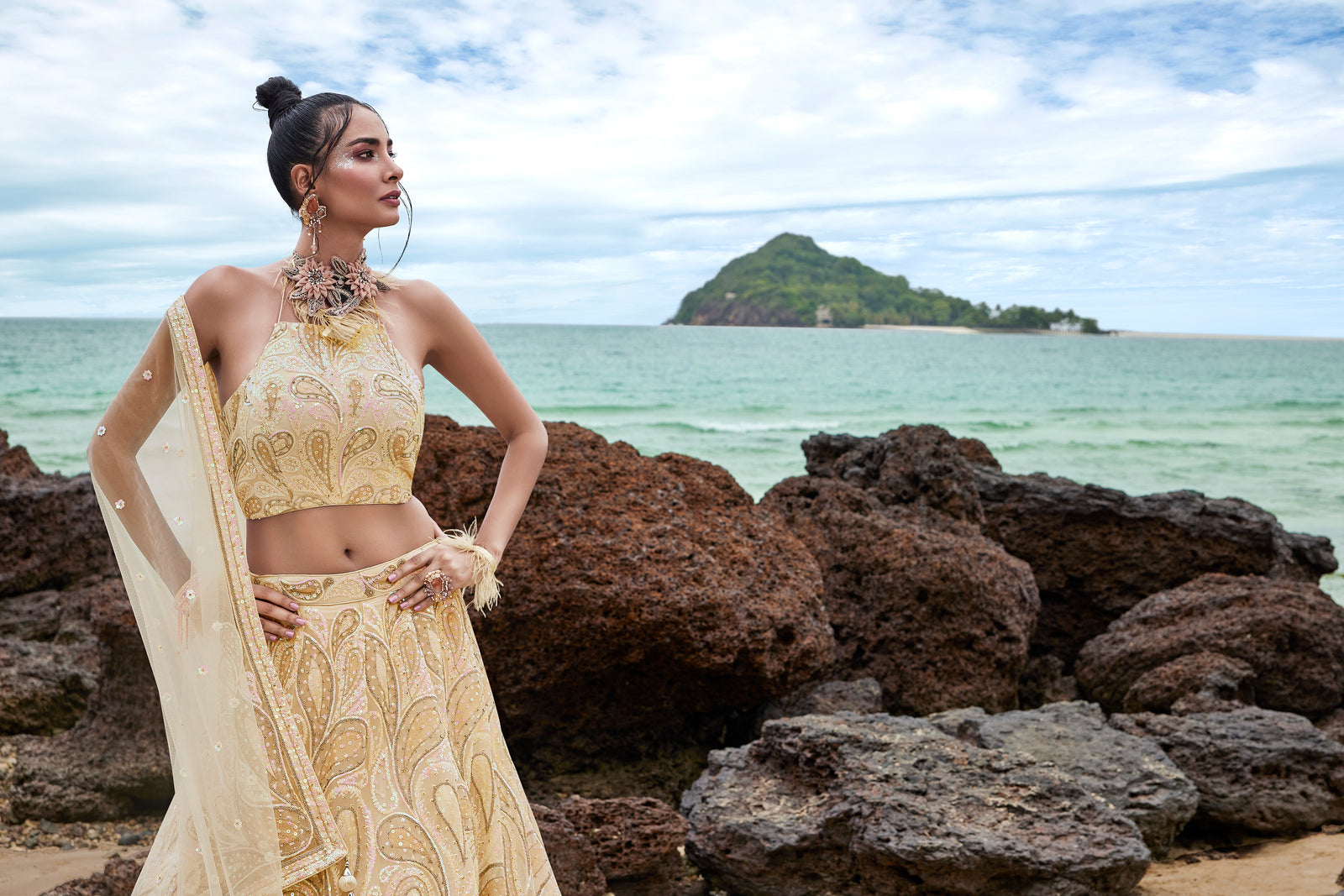 Cream Net Multi Sequins with heavy Zarkan embroidery Semi-Stitched Lehenga choli & Dupatta ClothsVilla