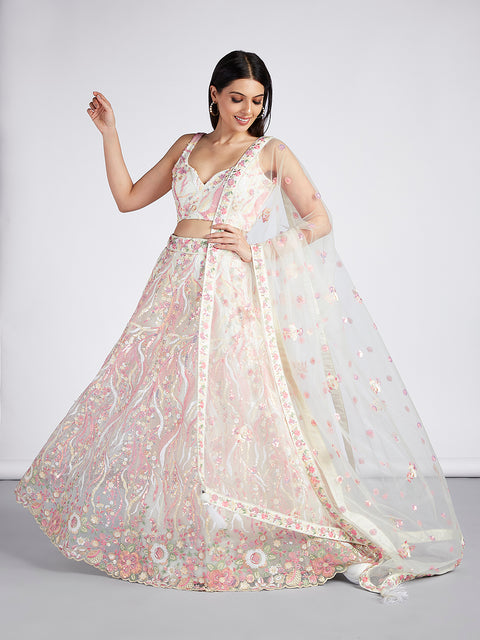 Cream Net Sequins and thread embroidery Semi-Stitched Lehenga choli & Dupatta ClothsVilla Main image