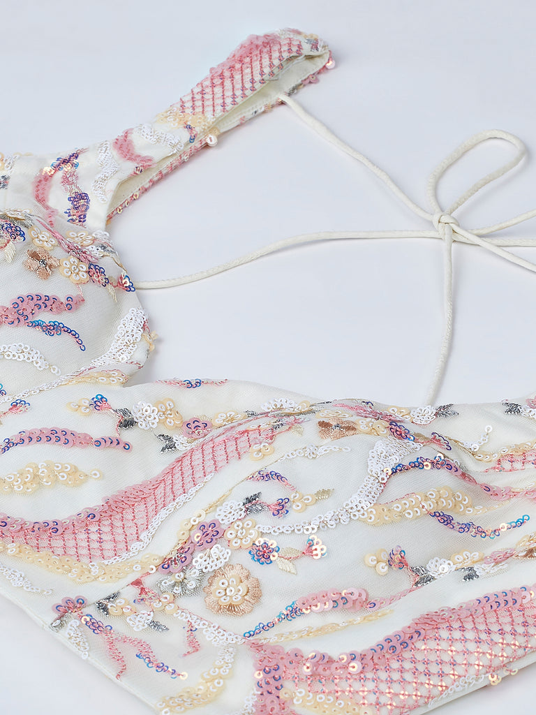 Cream Net Sequins and thread embroidery Semi-Stitched Lehenga choli & Dupatta ClothsVilla