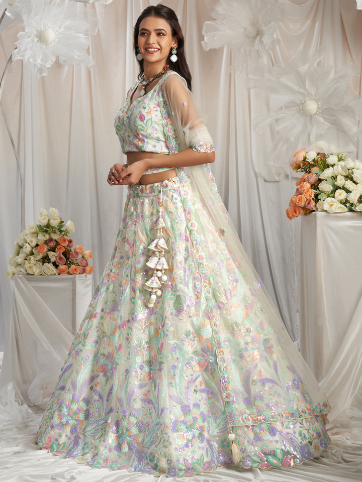 Cream Net Sequins embroidery Semi-Stitched Lehenga choli & Dupatta ClothsVilla