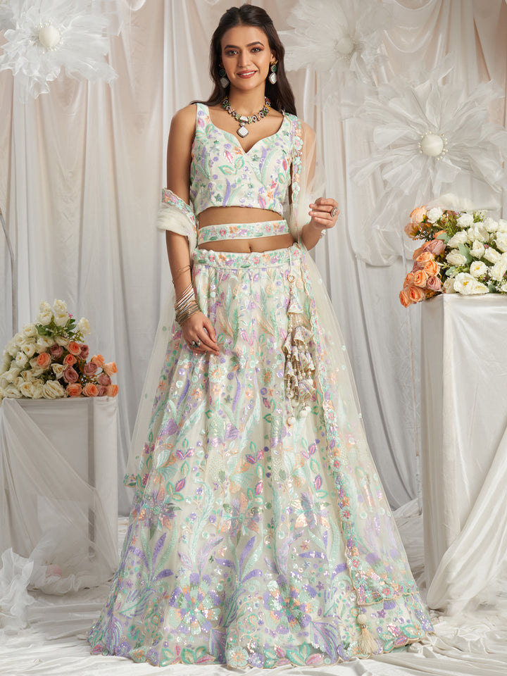 Cream Net Sequins embroidery Semi-Stitched Lehenga choli & Dupatta ClothsVilla