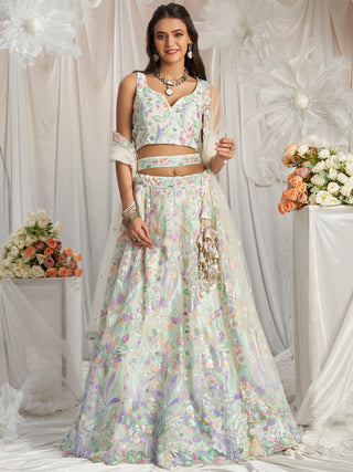 Cream Net Sequins embroidery Semi-Stitched Lehenga choli & Dupatta ClothsVilla