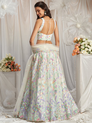 Cream Net Sequins embroidery Semi-Stitched Lehenga choli & Dupatta ClothsVilla
