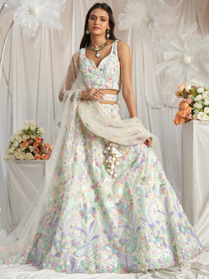 Cream Net Sequins embroidery Semi-Stitched Lehenga choli & Dupatta ClothsVilla