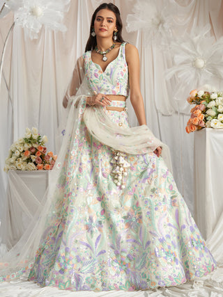 Cream Net Sequins embroidery Semi-Stitched Lehenga choli & Dupatta ClothsVilla