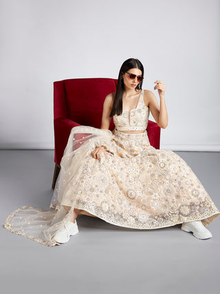 Cream Net Sequins, Mirror and thread embroidery Semi-Stitched Lehenga choli & Dupatta ClothsVilla