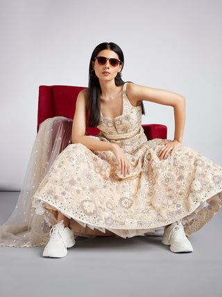 Cream Net Sequins, Mirror and thread embroidery Semi-Stitched Lehenga choli & Dupatta ClothsVilla