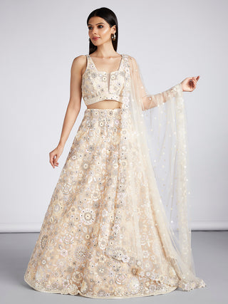 Cream Net Sequins, Mirror and thread embroidery Semi-Stitched Lehenga choli & Dupatta ClothsVilla