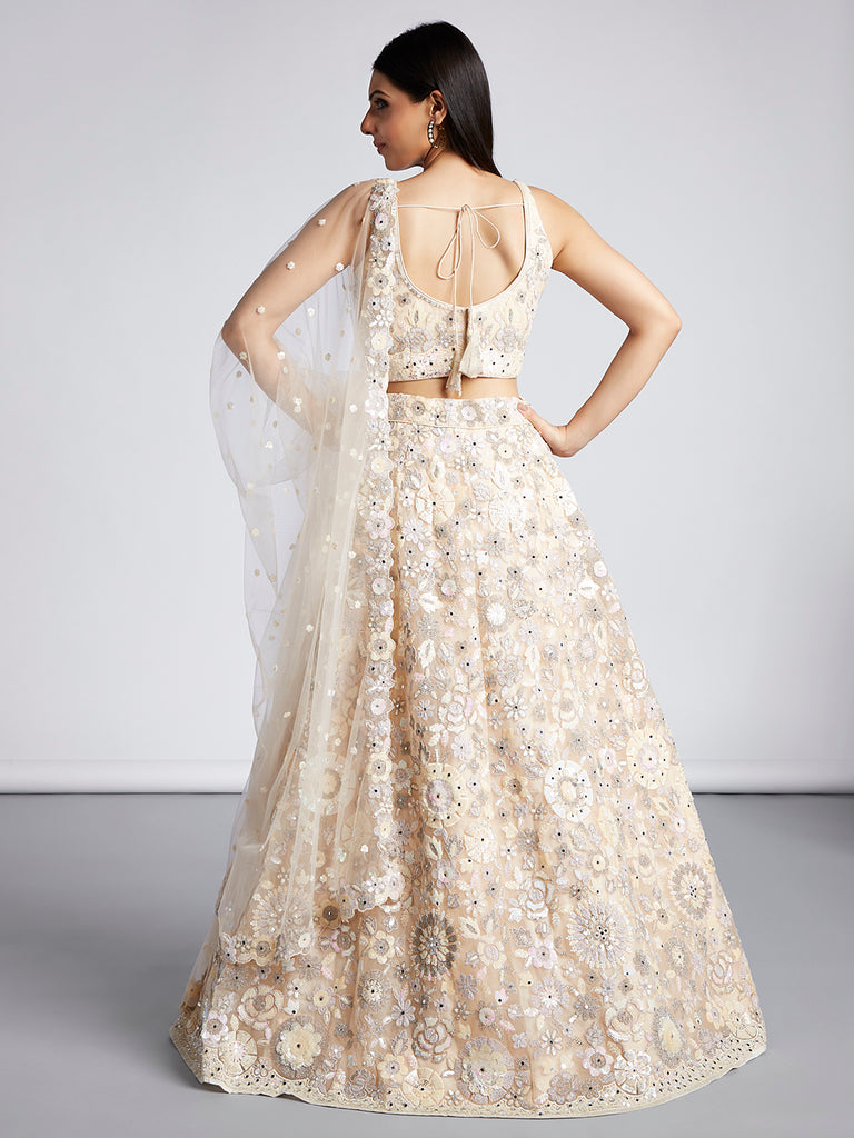 Cream Net Sequins, Mirror and thread embroidery Semi-Stitched Lehenga choli & Dupatta ClothsVilla