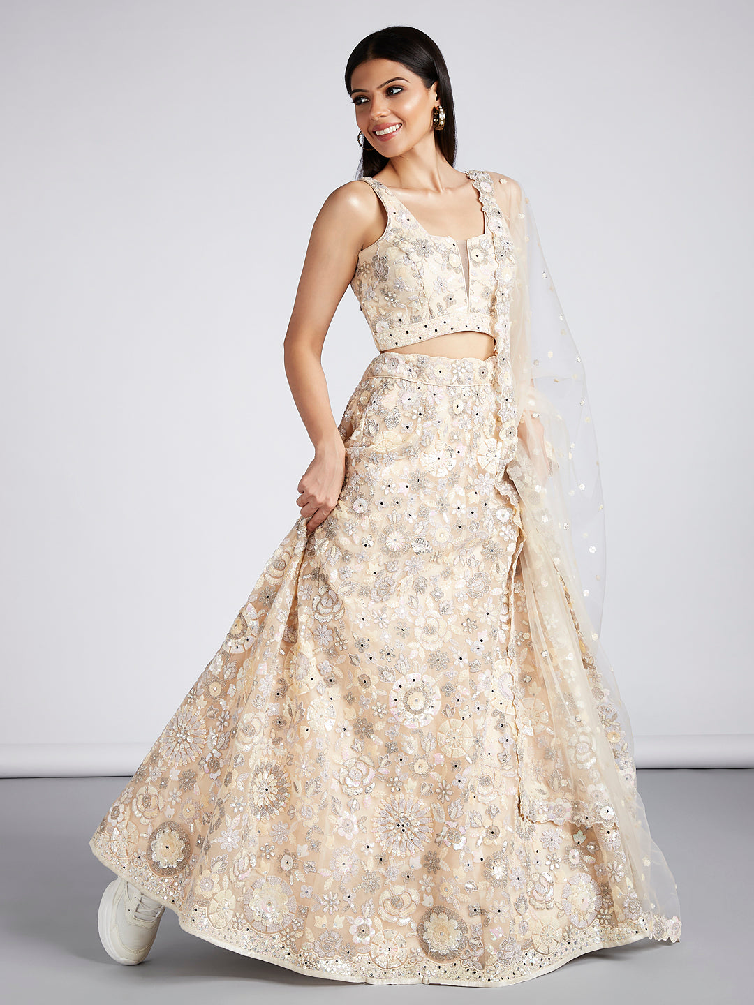 Cream Net Sequins, Mirror and thread embroidery Semi-Stitched Lehenga choli & Dupatta ClothsVilla
