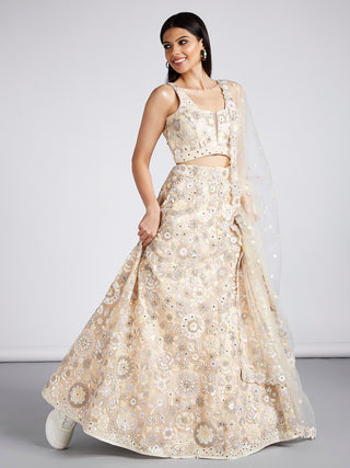 Cream Net Sequins, Mirror and thread embroidery Semi-Stitched Lehenga choli & Dupatta ClothsVilla