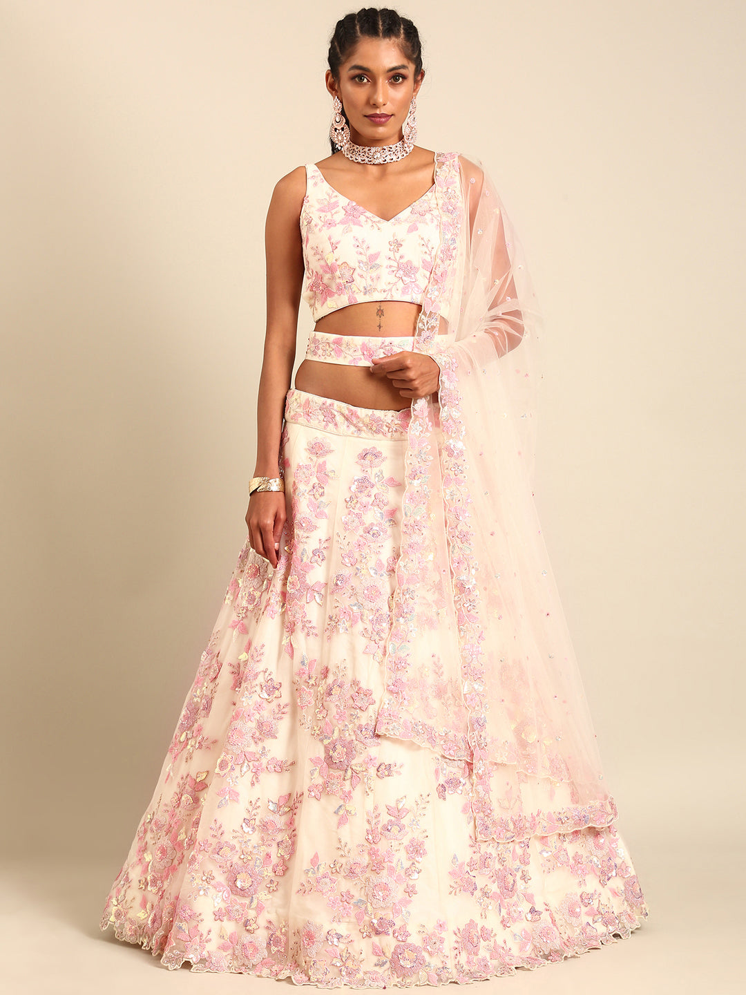 Cream Net Sequins with heavy Zarkan embroidery Semi-Stitched Lehenga choli & Dupatta Clothsvilla