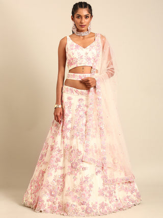 Cream Net Sequins with heavy Zarkan embroidery Semi-Stitched Lehenga choli & Dupatta Clothsvilla