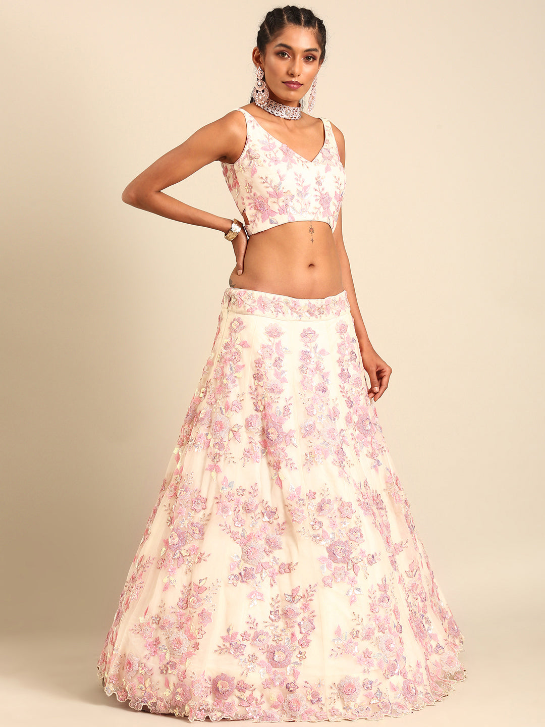 Cream Net Sequins with heavy Zarkan embroidery Semi-Stitched Lehenga choli & Dupatta Clothsvilla