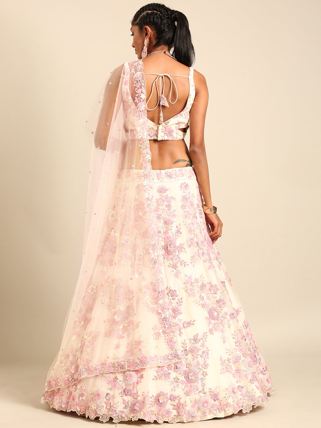 Cream Net Sequins with heavy Zarkan embroidery Semi-Stitched Lehenga choli & Dupatta Clothsvilla