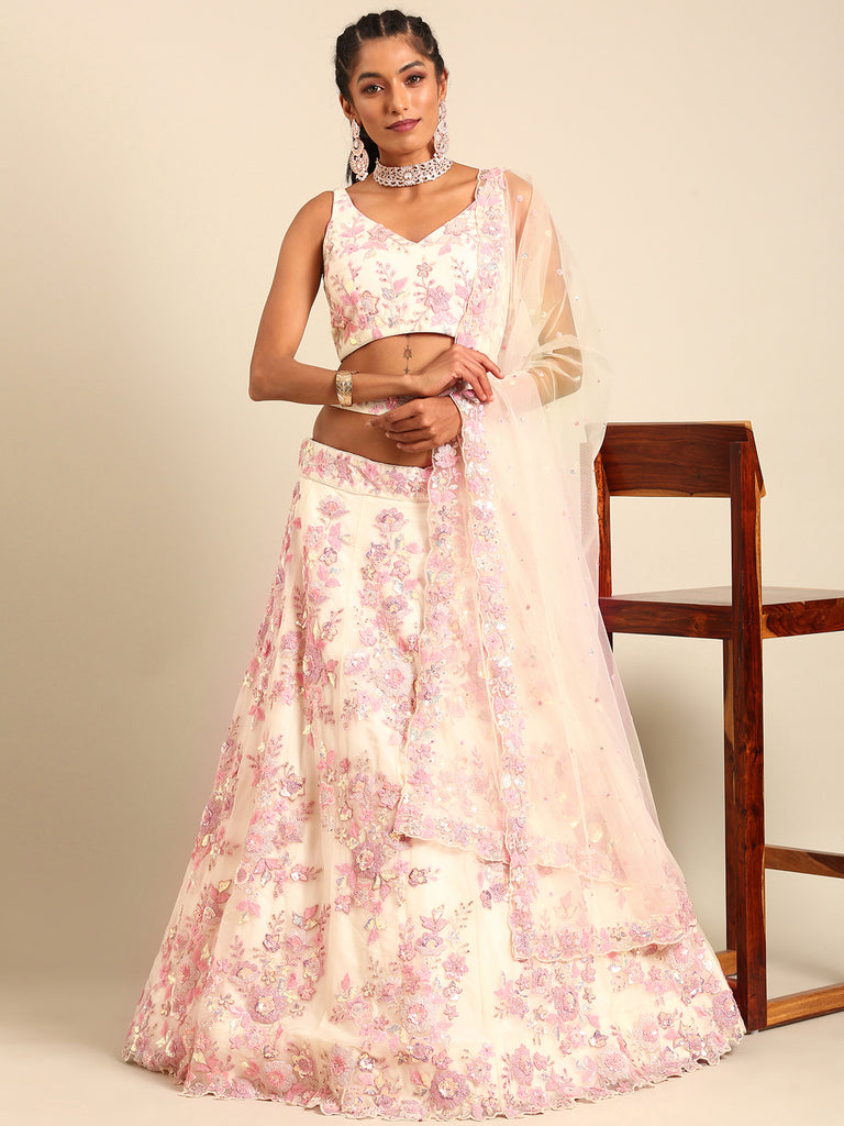 Cream Net Sequins with heavy Zarkan embroidery Semi-Stitched Lehenga choli & Dupatta Clothsvilla