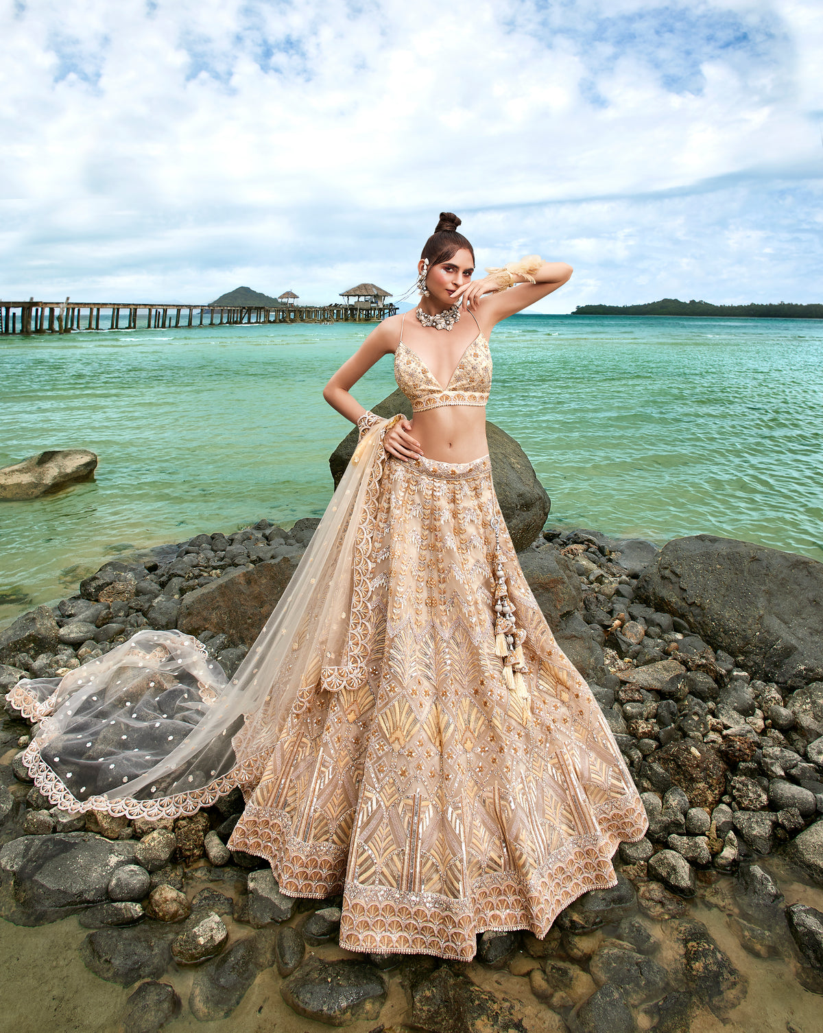 Cream Net Sequins, Zarkan and thread embroidery Semi-Stitched Lehenga choli & Dupatta Clothsvilla Main image