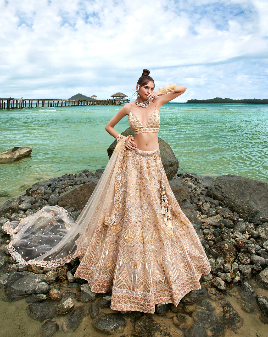 Cream Net Sequins, Zarkan and thread embroidery Semi-Stitched Lehenga choli & Dupatta Clothsvilla