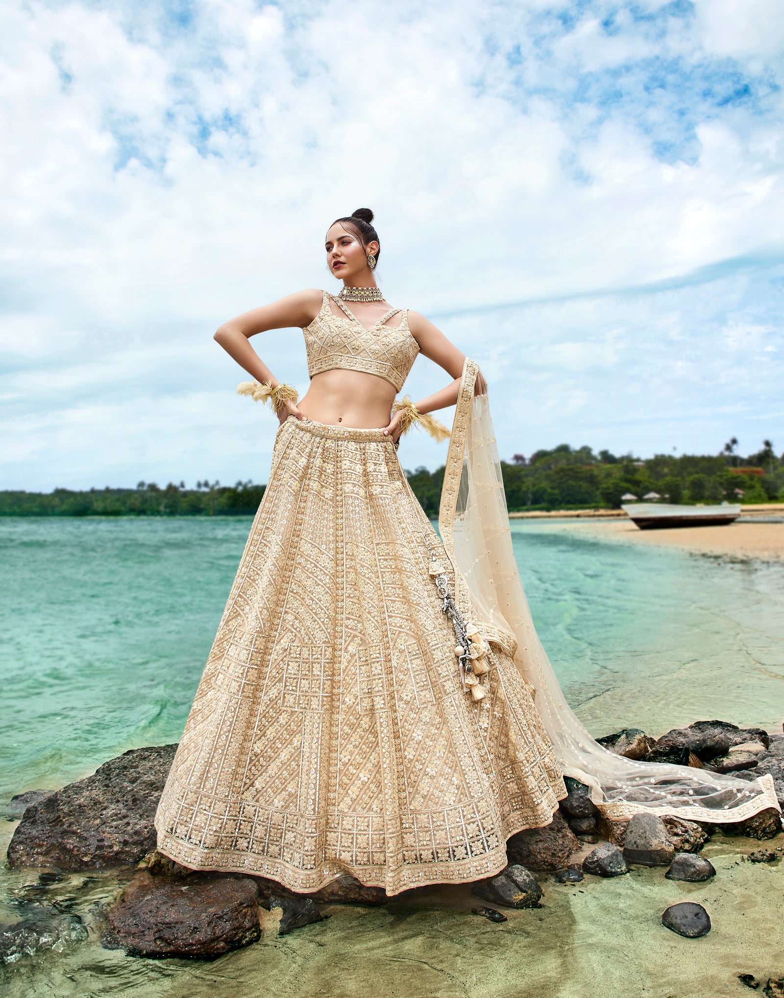 Cream Net Sequins, Zarkan and thread embroidery Semi-Stitched Lehenga choli & Dupatta ClothsVilla