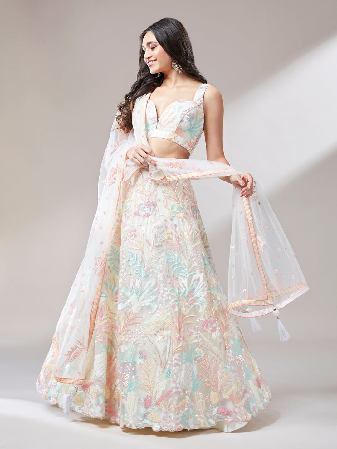 Cream Net Sequinse Work Semi-Stitched Lehenga & Unstitched Blouse with Dupatta ClothsVilla