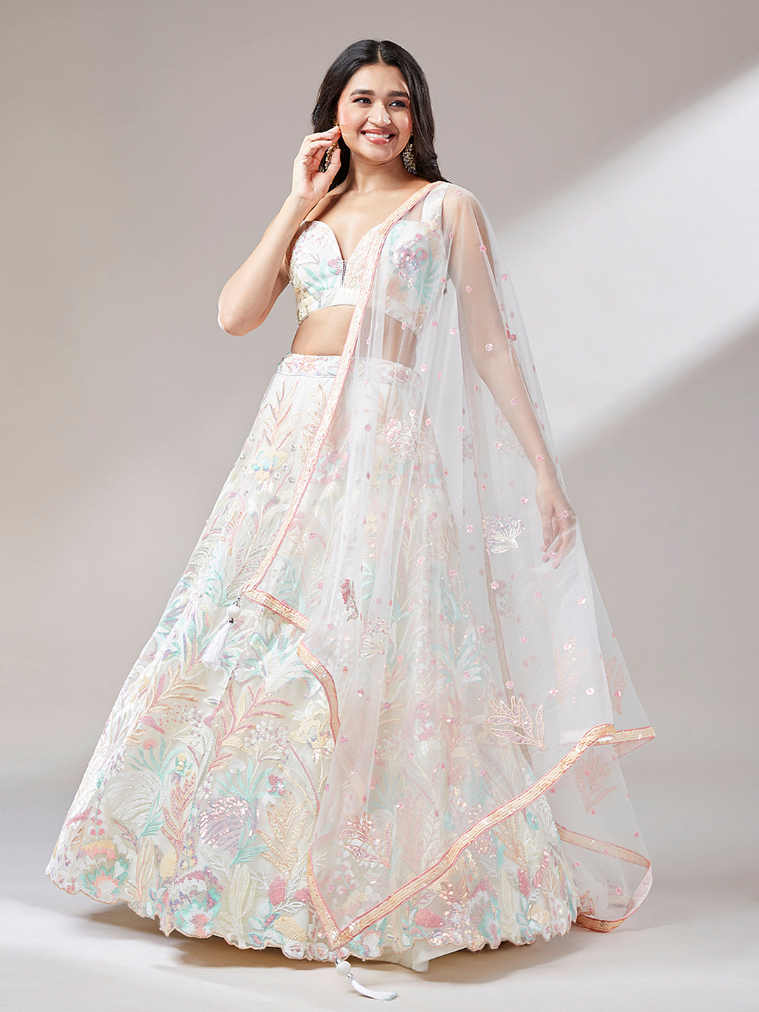 Cream Net Sequinse Work Semi-Stitched Lehenga & Unstitched Blouse with Dupatta ClothsVilla