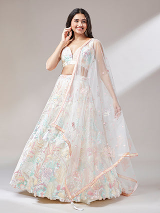 Cream Net Sequinse Work Semi-Stitched Lehenga & Unstitched Blouse with Dupatta ClothsVilla