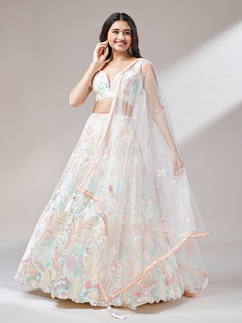 Cream Net Sequinse Work Semi-Stitched Lehenga & Unstitched Blouse with Dupatta ClothsVilla