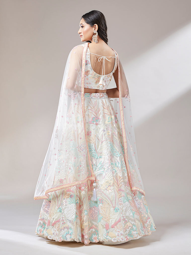 Cream Net Sequinse Work Semi-Stitched Lehenga & Unstitched Blouse with Dupatta ClothsVilla