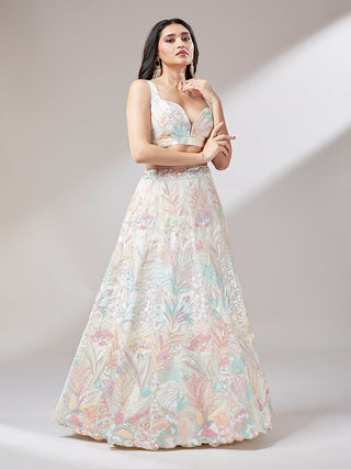 Cream Net Sequinse Work Semi-Stitched Lehenga & Unstitched Blouse with Dupatta ClothsVilla