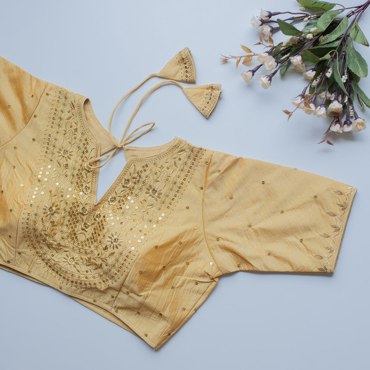 Cream Olive Silk Blouse with Golden Embroidery and Sequence Accents ClothsVilla