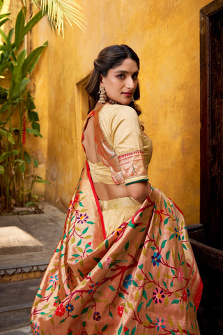 Cream Paithani  Lehenga Set with Batwa ClothsVilla