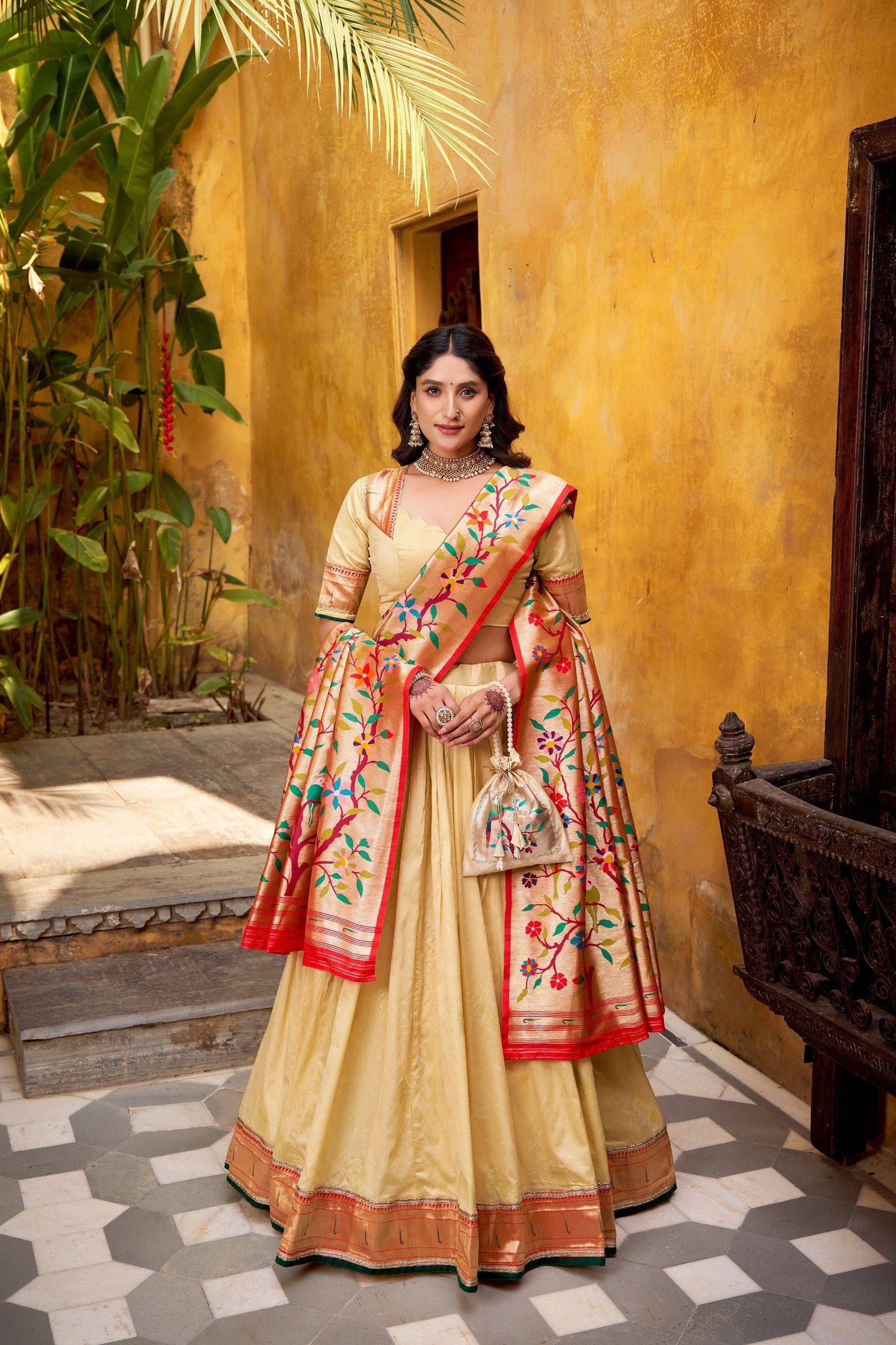 Cream Paithani  Lehenga Set with Batwa ClothsVilla