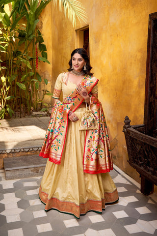 Cream Paithani  Lehenga Set with Batwa ClothsVilla