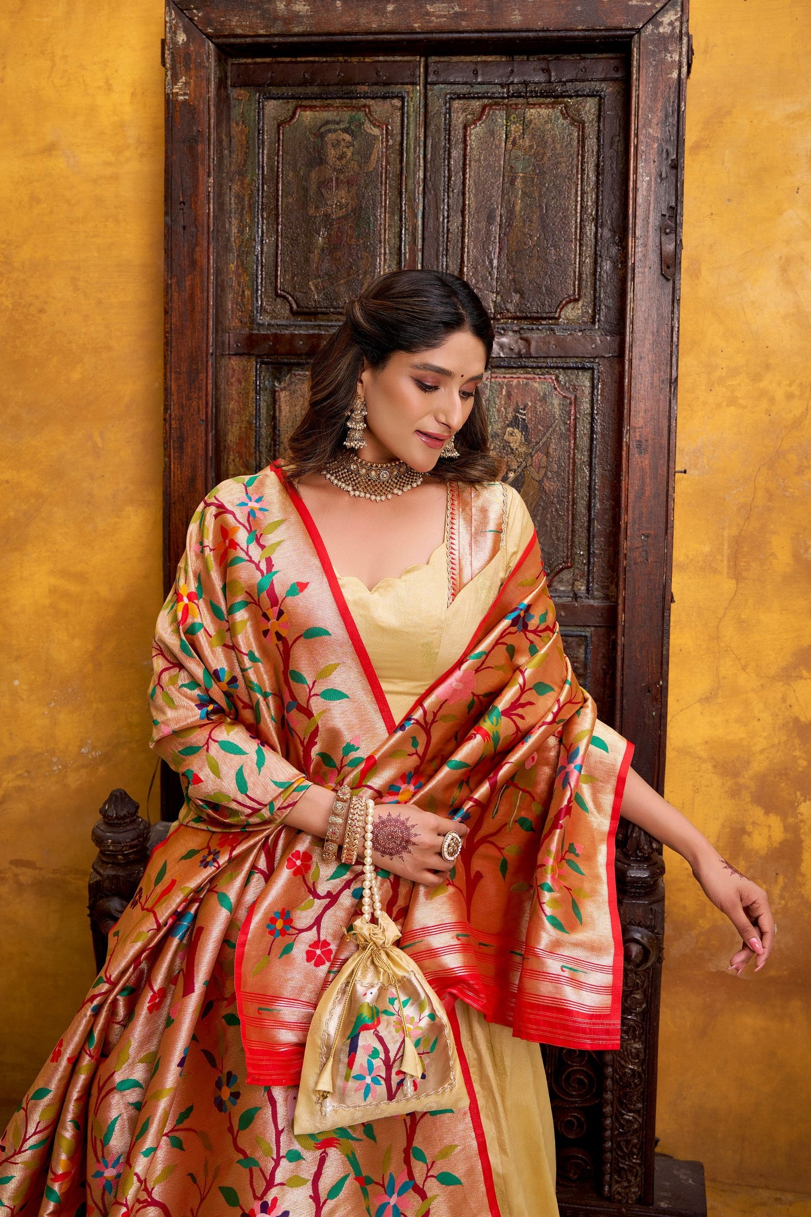 Cream Paithani  Lehenga Set with Batwa ClothsVilla
