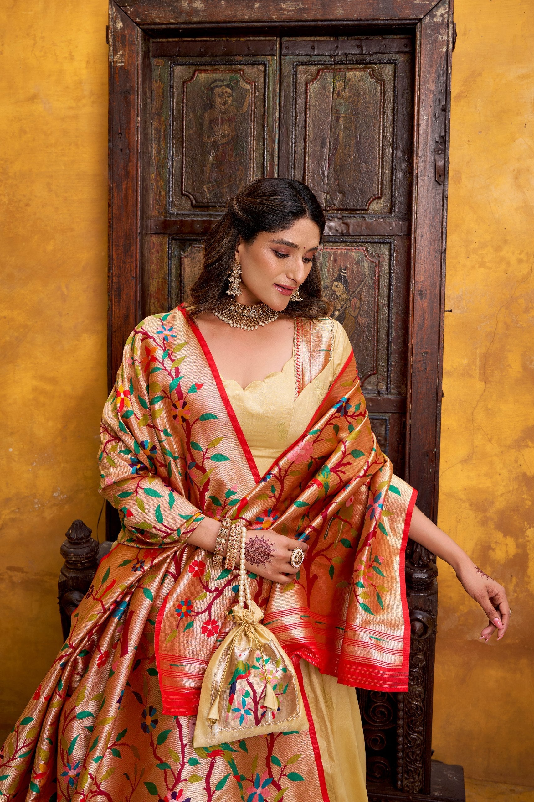 Cream Paithani  Lehenga Set with Batwa ClothsVilla