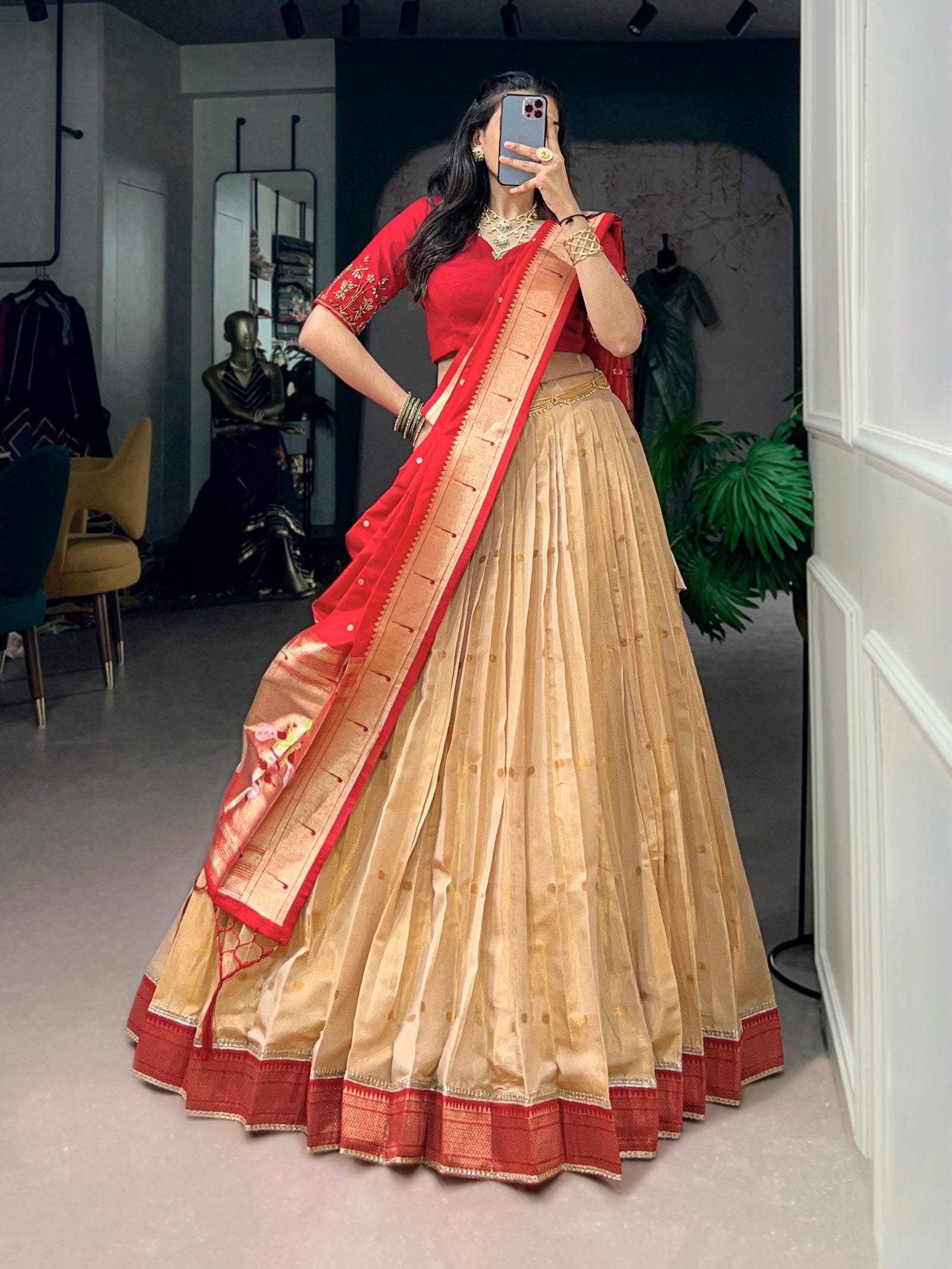 Cream Paithani Wedding & Festive Lehenga ClothsVilla