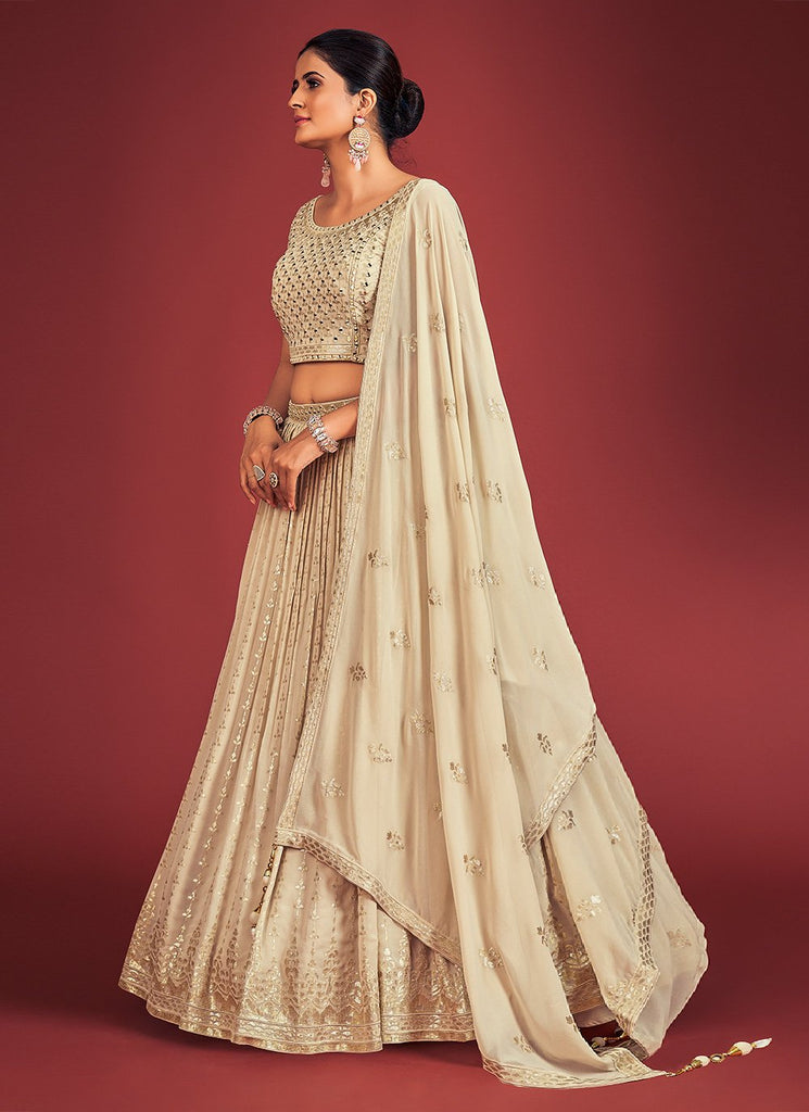 Cream Pakistani Georgette Lehenga Choli For Indian Festivals & Weddings - Sequence Embroidery Work, Mirror Work Clothsvilla