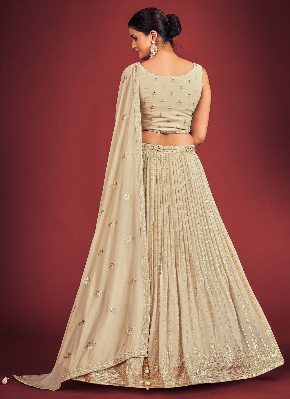 Cream Pakistani Georgette Lehenga Choli For Indian Festivals & Weddings - Sequence Embroidery Work, Mirror Work Clothsvilla