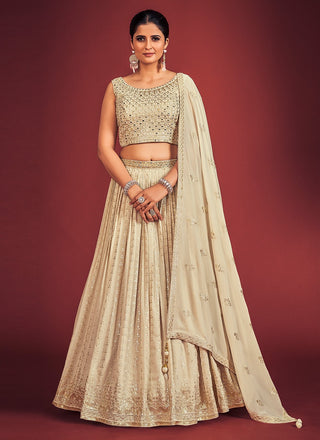 Cream Pakistani Georgette Lehenga Choli For Indian Festivals & Weddings - Sequence Embroidery Work, Mirror Work Clothsvilla