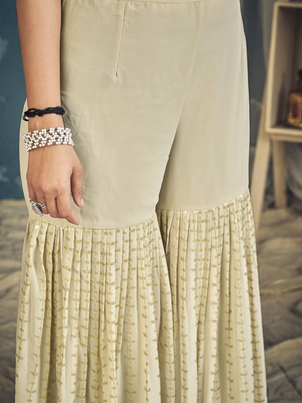 Cream Pakistani Georgette Sharara For Indian Festivals & Weddings - Sequence Embroidery Work, Zari Work Clothsvilla