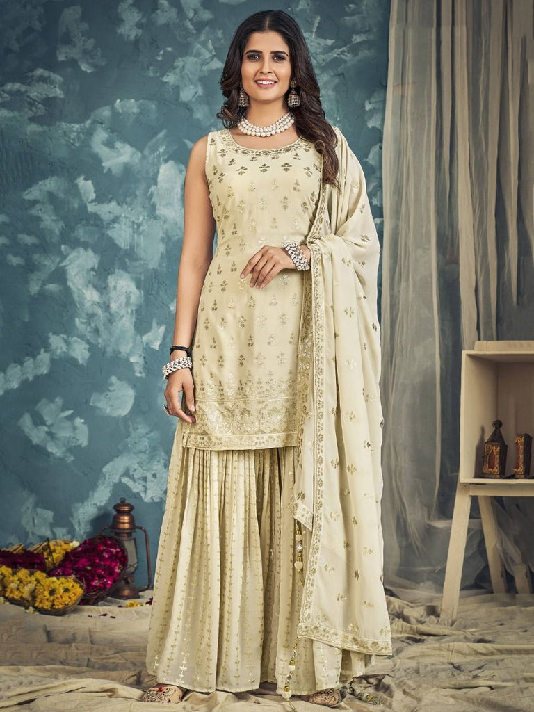 Cream Pakistani Georgette Sharara For Indian Festivals & Weddings - Sequence Embroidery Work, Zari Work Clothsvilla
