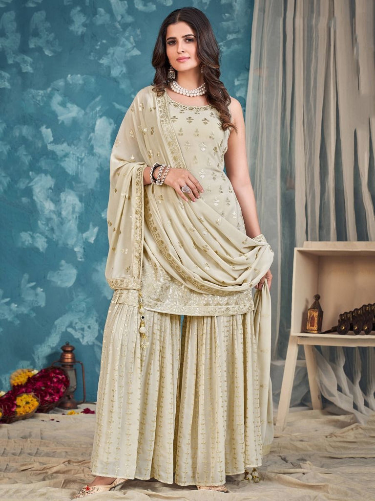 Cream Pakistani Georgette Sharara For Indian Festivals & Weddings - Sequence Embroidery Work, Zari Work Clothsvilla