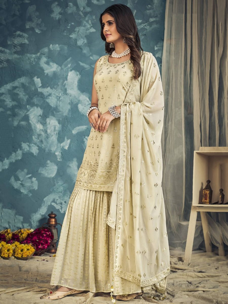 Cream Pakistani Georgette Sharara For Indian Festivals & Weddings - Sequence Embroidery Work, Zari Work Clothsvilla