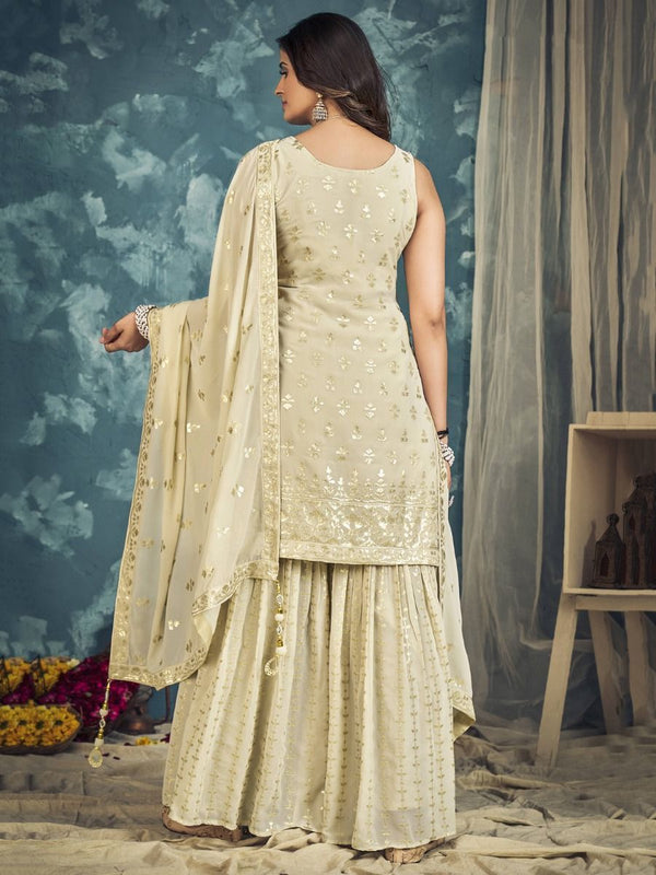 Cream Pakistani Georgette Sharara For Indian Festivals & Weddings - Sequence Embroidery Work, Zari Work Clothsvilla