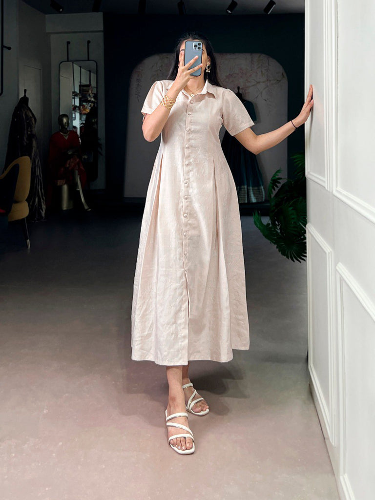 Cream Plain Remy Fabric Long Frock