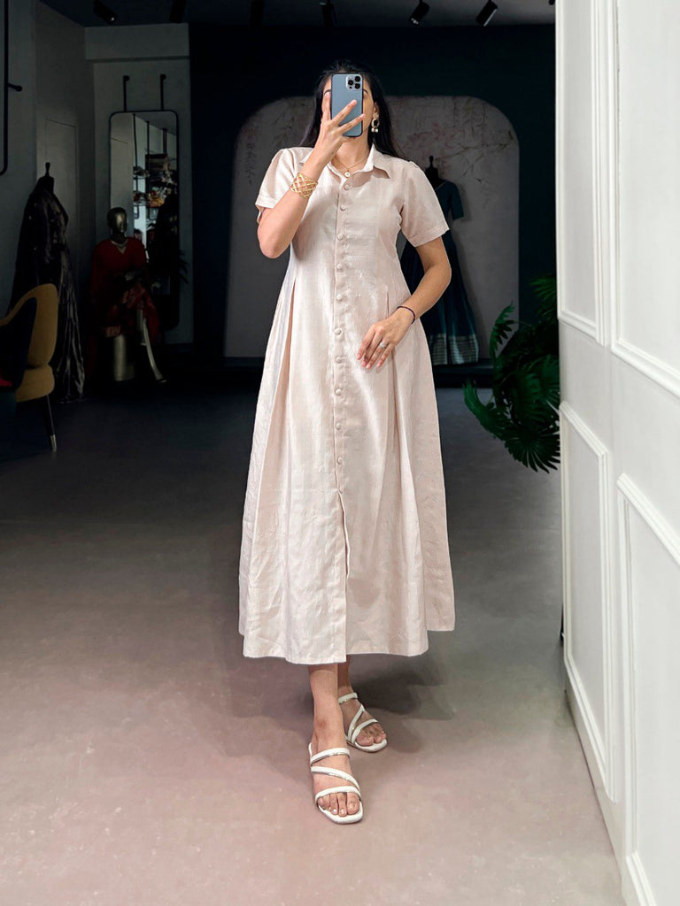 Cream Plain Remy Fabric Long Frock